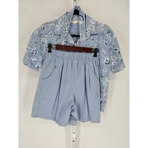 Hunter's Glen Women's Blue Short Sleeve Button Down Elastic Waist Top Short Sz M